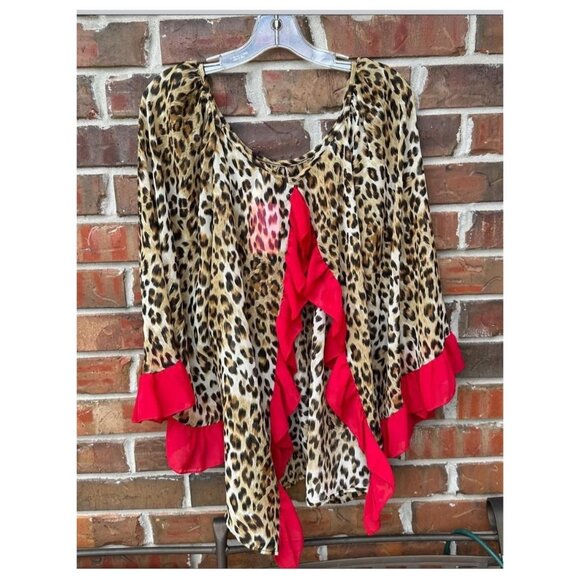 Leopard Print Flowy Blouse With Red Ruffle Trim & Open Back Design Size XL - Picture 3 of 7